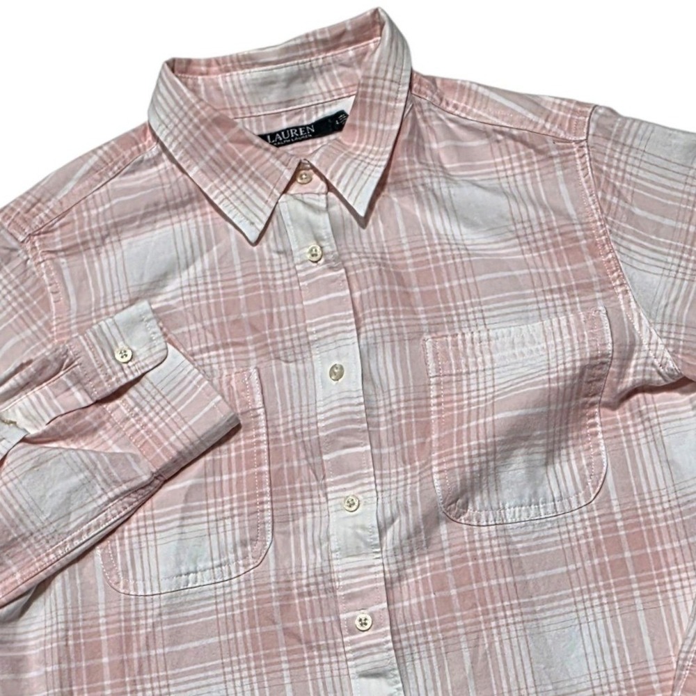 Lauren Ralph Lauren Plaid Button Front Shirt Womens L Pink White Cotton Twill